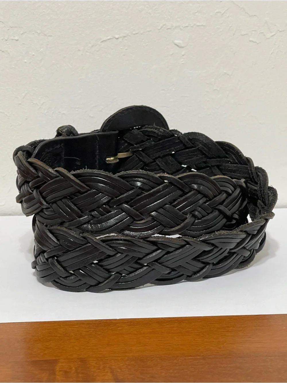 Vintage Fossil Black Woven Braided Leather Belt Leather Wrapped Buckle Size L